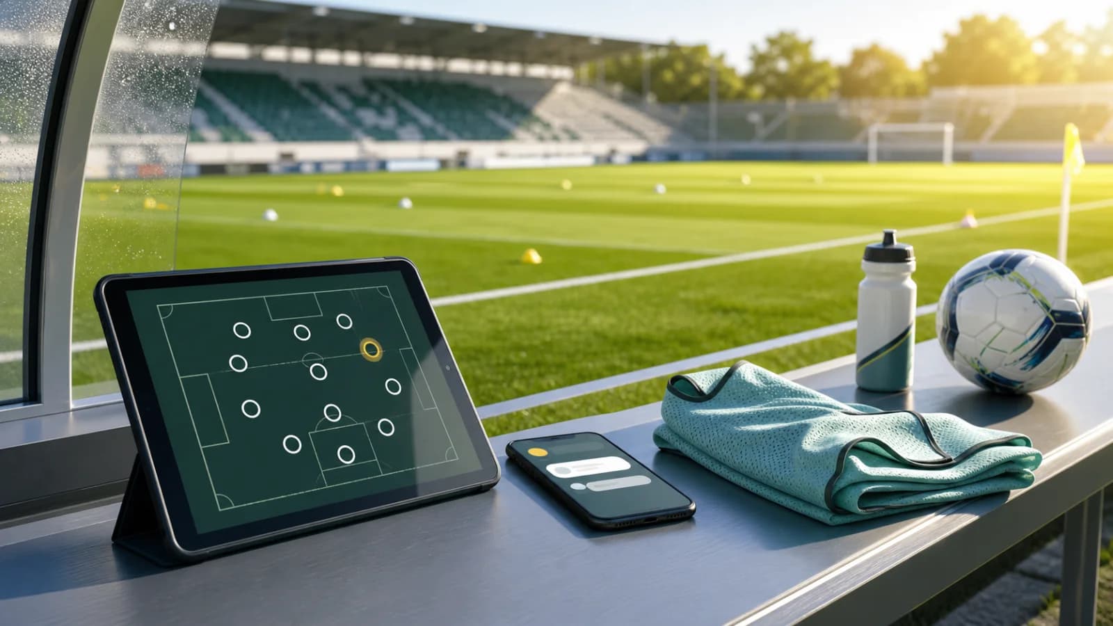 Nettbrett med lagoppstilling og telefon ved en solbelyst fotballbane, KI-generert illustrasjonsbilde